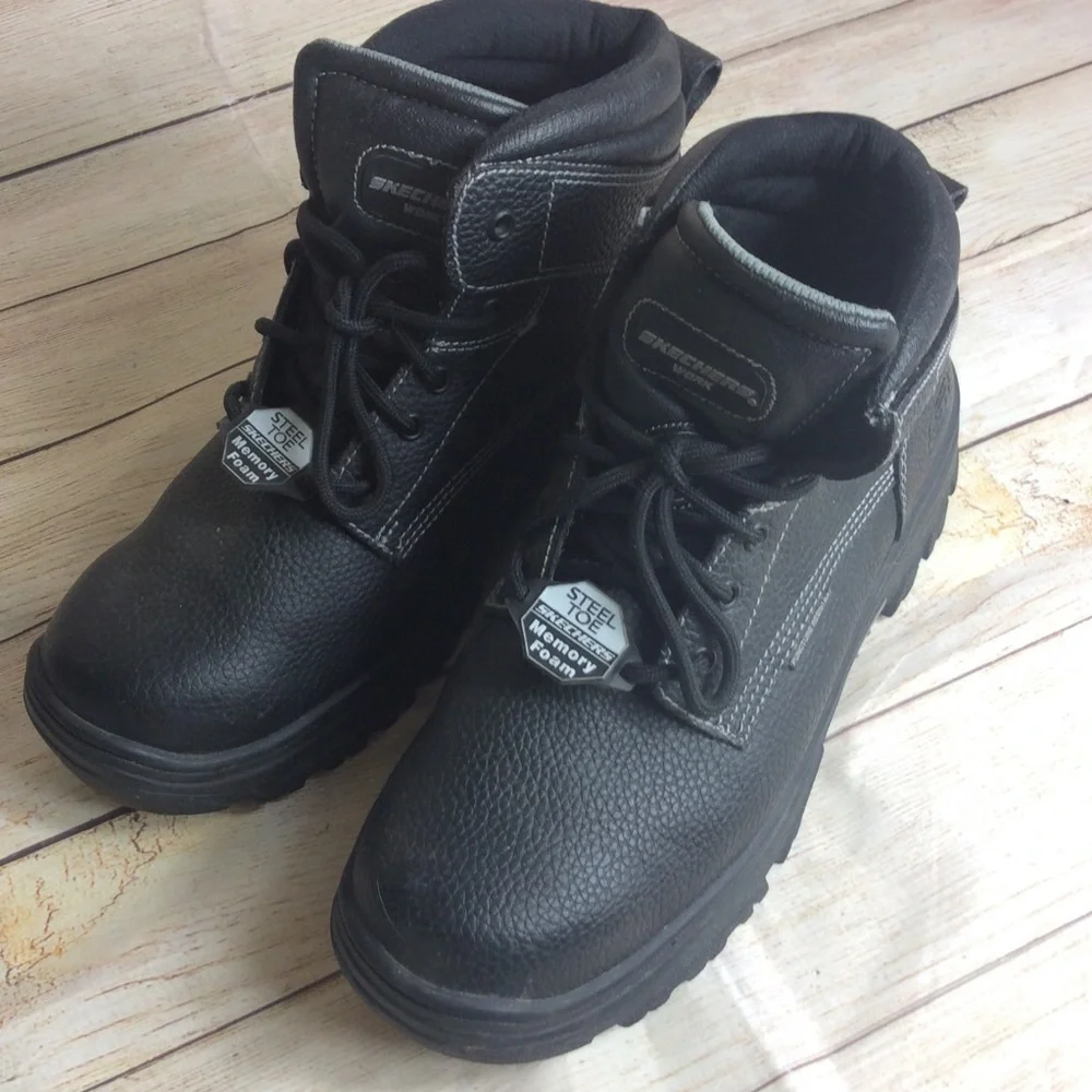 Sketchers air cooled steel toe work boots 11.5 W wide Black leather